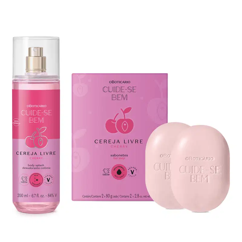 Imagens de dois produtos da linha Cuide-se Bem Cereja Livre com um body splash em embalagem transparente, líquido rosa e borrifador prateado, dois sabonetes em barra em formato oval rosa e sua caixa em tons de rosa e lilás e cereja ilustrada.