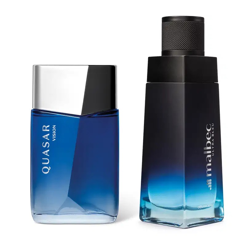 Imagem de dois frascos de item de perfumaria masculina, sendo um vidro azul com tampa prateada e rótulo escrito Quasar Vision e outro vidro em degradê de preto e azul com tampa também preta e rótulo escrito Malbec Ultra Bleu.