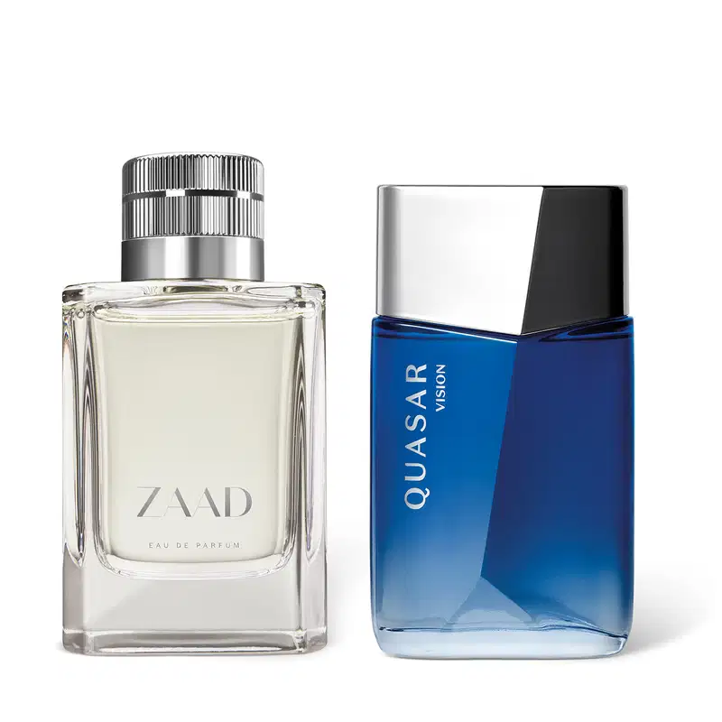 Imagem de dois itens de perfumaria masculina, um com embalagem transparente, líquido claro, tampa prateada e rótulo com a marca Zaad e outro com embalagem azul royal, tampa prateada e rótulo com a marca "Quasar Vision".