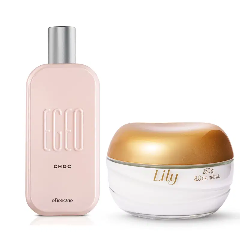 Imagem de um vidro rosa-claro com tampa prateada escrito Egeo Choc contendo desodorante colônia e um pote de vidro com conteúdo branco e tampa dourada com creme acetinado corporal Lily;