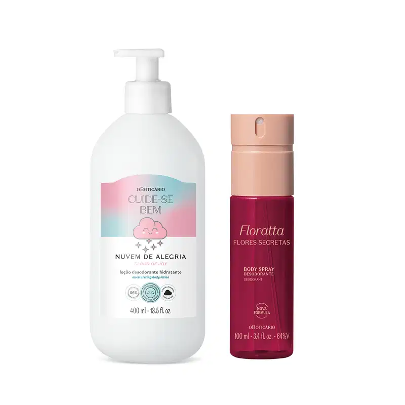 Imagem de um frasco branco com bomba dosadora e rótulo em tons de azul, rosa e lilás, com estampa de nuvem da marca Cuide-se Bem Nuvem de Alegria e um frasco vermelho da marca Floratta Red com tampa rosa e rótulo com letras douradas.