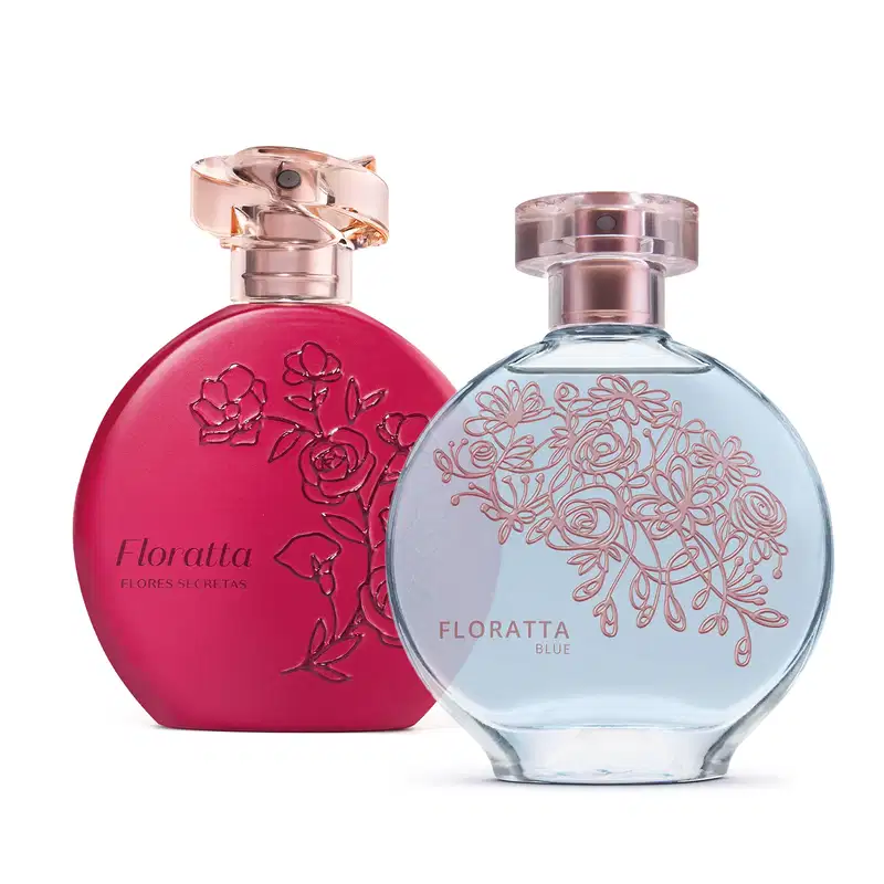 Imagem com dois icônicos vidros da fragrância Floratta, sendo um transparente com líquido azul, letras e flores em relevo em tom alaranjado da linha Blue e um vidro vermelho com letras e flores em relevo na cor vinho da linha Flores Secretas. 