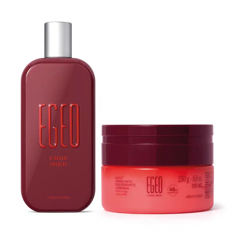 Frasco vermelho de desodorante colônia Egeo Choc High e um pote redondo com tampa vermelha e corpo alaranjado de suflê corporal da mesma marca.