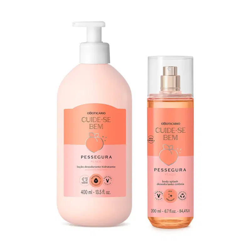 Imagem de dois produtos da marca Cuide-se Bem Pessegura: um frasco branco com bomba doseadora contendo loção desodorante hidratante de pêssego, e um frasco transparente com líquido laranja contendo splash corporal desodorante colônia de pêssego.