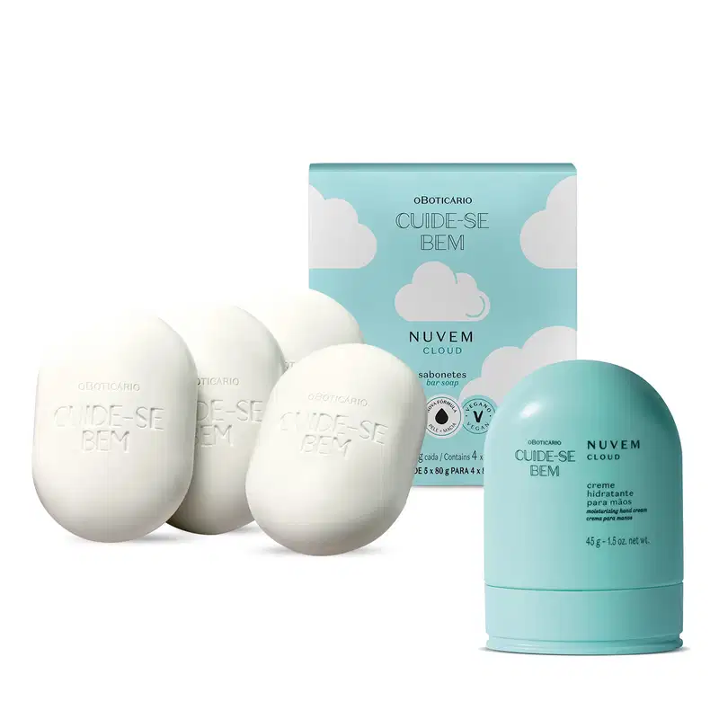 Imagem de produtos Cuide-se Bem Nuvem: um frasco azul com letras pretas de creme para as mãos, quatro sabonetes brancos com o nome da marca gravado e uma caixa azul com estampa de nuvens brancas e letras pretas.
