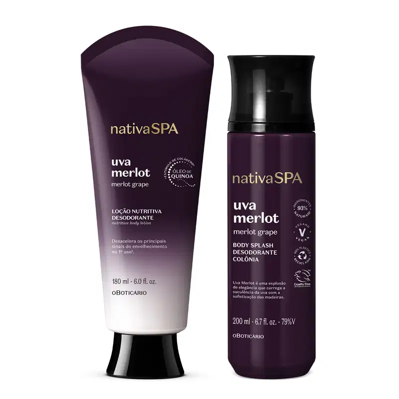 Imagem de dois produtos da marca Nativa SPA Uva Merlot, sendo uma bisnaga preta e branca com tampa preta de loção corporal e um frasco preto com letras douradas de body splash.
