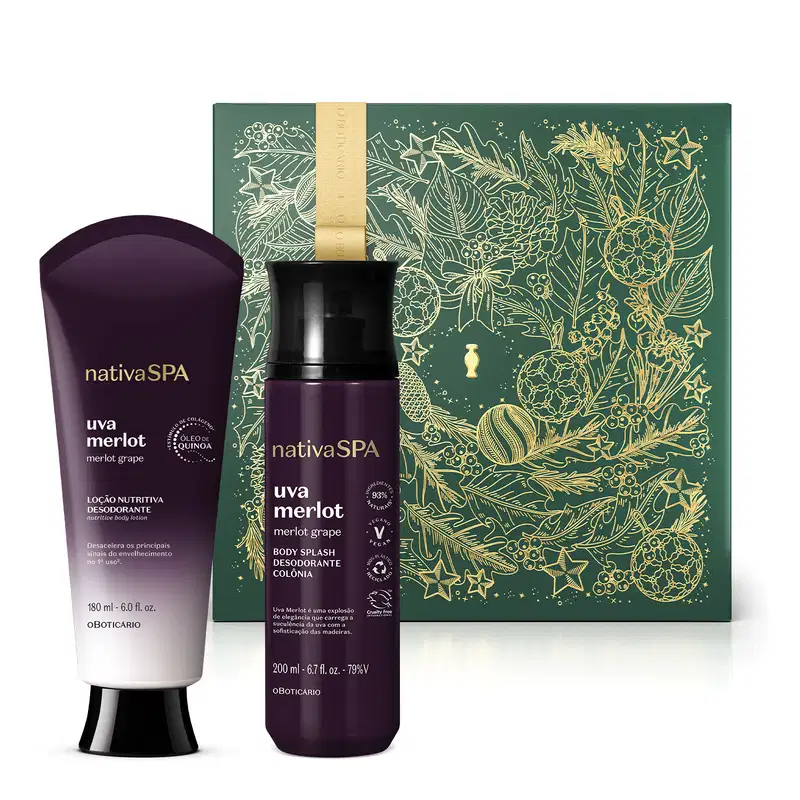 Imagem do Combo Nativa Spa Uva Merlot com uma bisnaga preta e branca com tampa preta de loção corporal, um frasco preto com letras douradas de body splash e uma caixa presenteável verde com fita e estampa douradas.