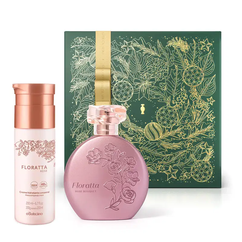 Imagem do Combo Floratta Rose que traz o clássico vidro rosa com flores em relevo do desodorante colônia da linha Bouquet, frasco branco com tampa e rótulo dourados do creme hidratante corporal e uma caixa presenteável verde com fita e estampa douradas.
