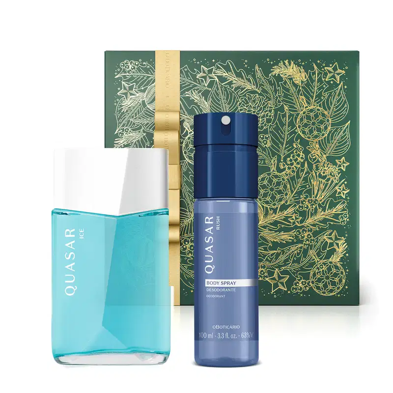 Imagem do Combo Quasar com um vidro azul-claro, tampa e rótulo brancos do desodorante colônia da linha Ice, um frasco azul com tampa preta do body splash da linha Rush e uma caixa presenteável verde com fita e estampa douradas.