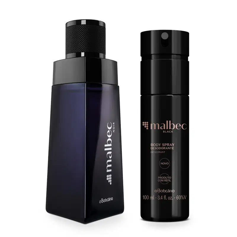 Imagem do moderno vidro preto com letra prata do desodorante colônia Malbec Noir e um frasco preto com letras douradas de body splash Malbec Black