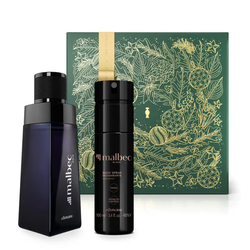 Imagem do Combo Malbec que traz um moderno vidro preto com letra prata do desodorante colônia da linha Noir, um frasco preto com letras douradas de body splash da linha Black e uma caixa presenteável verde com fita e estampa douradas.