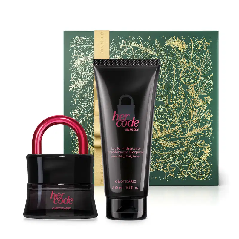 Imagem do Combo Her Code Clímax com o icônico vidro preto em formato de cadeado do Eau de Parfum, bisnaga preta com letras rosa metálico da loção corporal da mesma linha e uma caixa presenteável verde com fita e estampa douradas.