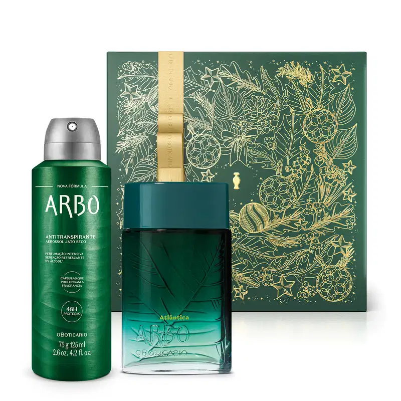 Imagem do Combo Arbo que traz um desodorante colônia da linha Atlântica em vidro branco e verde com rótulo em relevo, desodorante antitranspirante aerossol em frasco verde e prateado e uma caixa verde decorada com folhas e flores douradas.