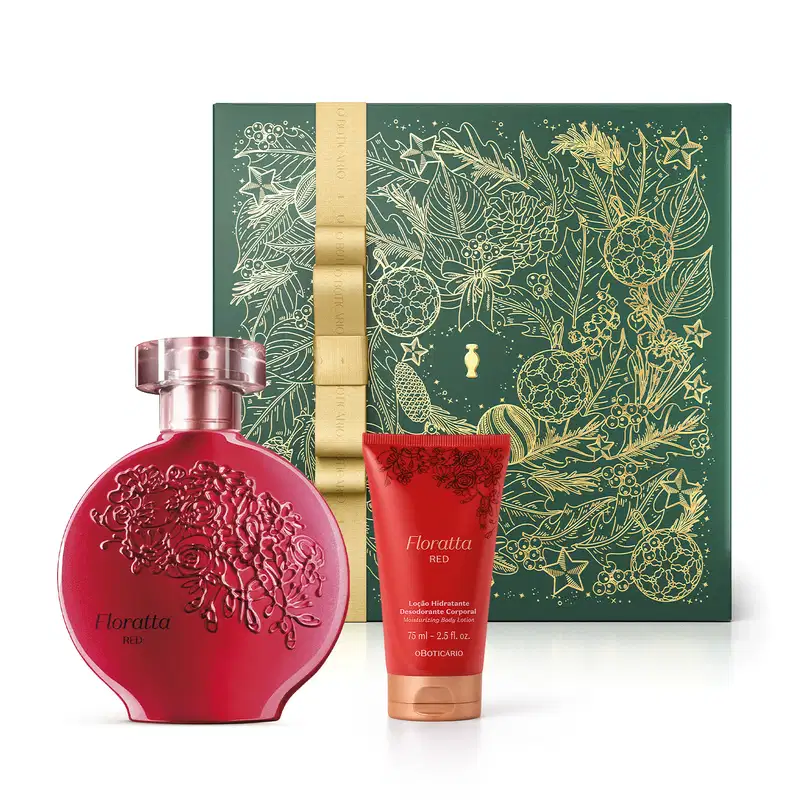 Imagem da clássica embalagem do desodorante colônia da marca Floratta Red na cor vermelha com textura em relevo, acompanhada de bisnaga vermelha de loção hidratante da mesma linha e caixa verde com ilustrações douradas de folhas e flores.