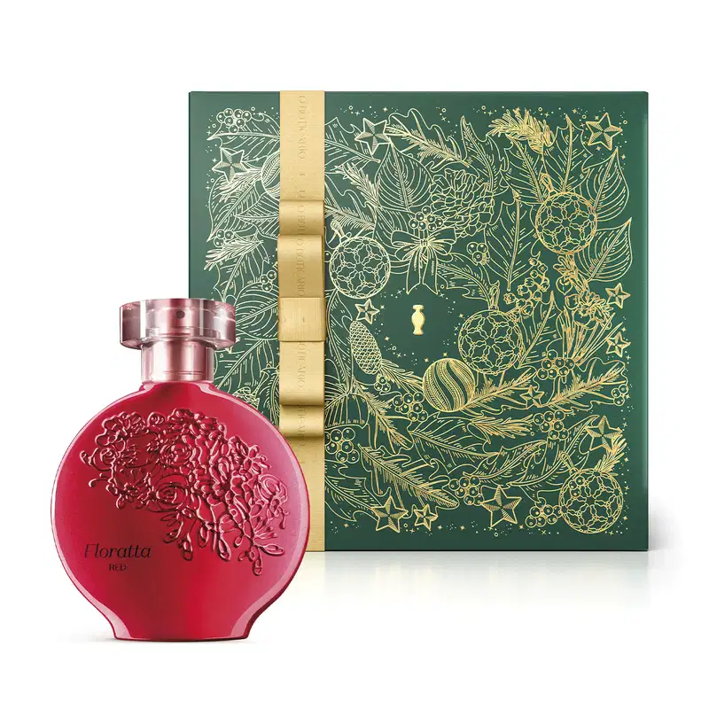 Imagem do clássico frasco de desodorante colônia da marca Floratta Red na cor vermelha, com textura e design elaborados, acompanhado de caixa verde com ilustrações douradas de folhas e flores.