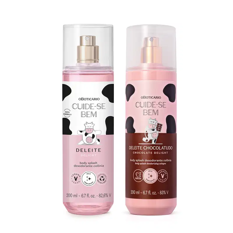 Imagem do Combo Body Splash Cuide-se Bem com um item da linha Deleite e outro da linha Chocolatudo. As duas embalagens são transparentes com borrifador prateado e rótulo com desenho de vaca em tons de rosa e marrom.
