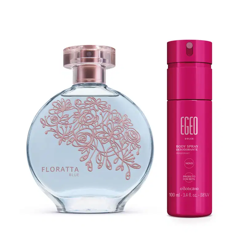 Imagem do desodorante colônia Floratta Blue em embalagem transparente. líquido azul, desenhos florais e tampa transparente e um body spray Egeo Dolce em frasco também rosa com rótulo dourado. Um kit feminino e delicado.