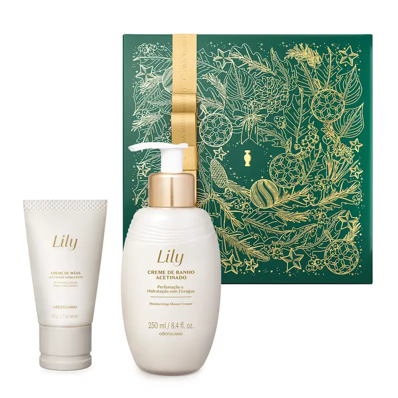 Imagem do Combo Lily Acetinados, contendo um creme de banho com bomba dosadora, uma bisnaga de creme para mãos e uma caixa de presentes azul com estampa floral dourada. Os frascos dos produtos são na cor branca e dourada.