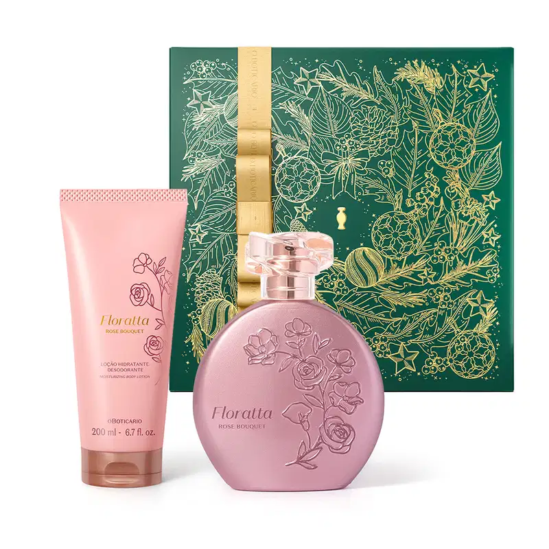 Imagem do Combo Floratta Rose Bouquet que traz um desodorante colônia no icônico vidro da marca em cor rosa e flores douradas, uma loção corporal em frasco com dois tons de rosa e uma caixa de presente na cor azul com estampa floral e fita douradas.