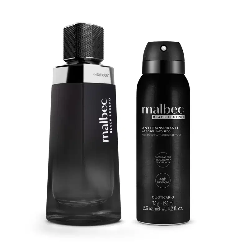 Imagem do Combo Malbec Black Legend que traz um elegante vidro de desodorante colônia e um desodorante antitranspirante em spray. As embalagens são totalmente pretas com detalhes e letras prateadas. Kit ideal para homens sofisticados.