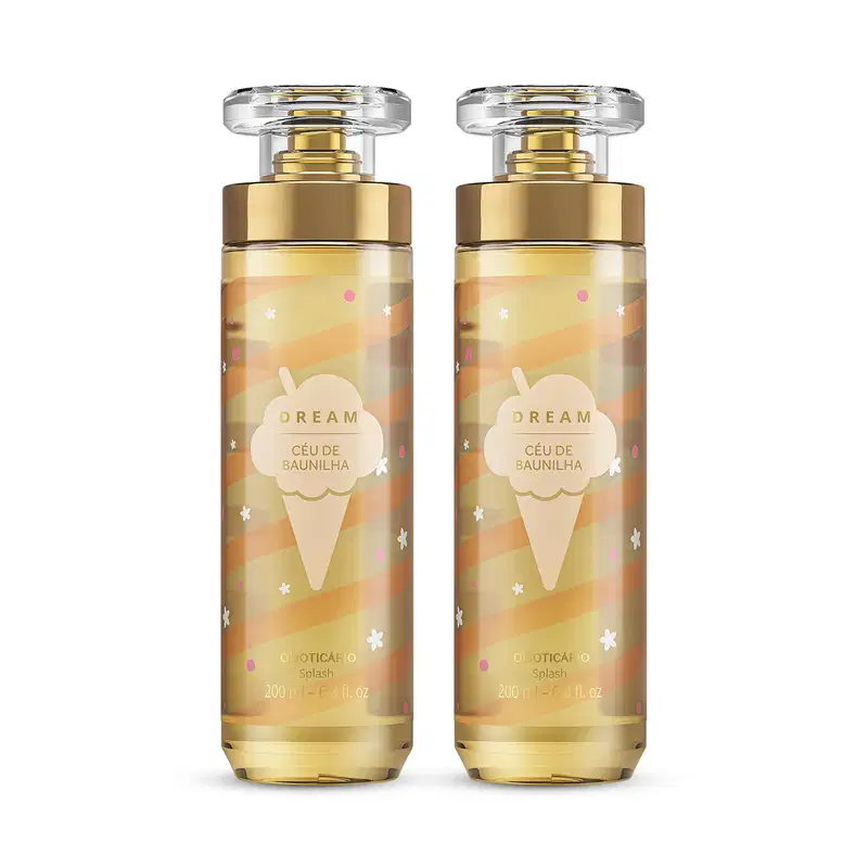 Imagem de dois frascos de body splash da linha Dream Céu de Baunilha. A embalagem é de vidro com tampa transparente e válvula spray dourada. O rótulo é em tons de dourado e traz um sorvete ilustrando o produto. Cada recipiente conta com 200ml de produto.