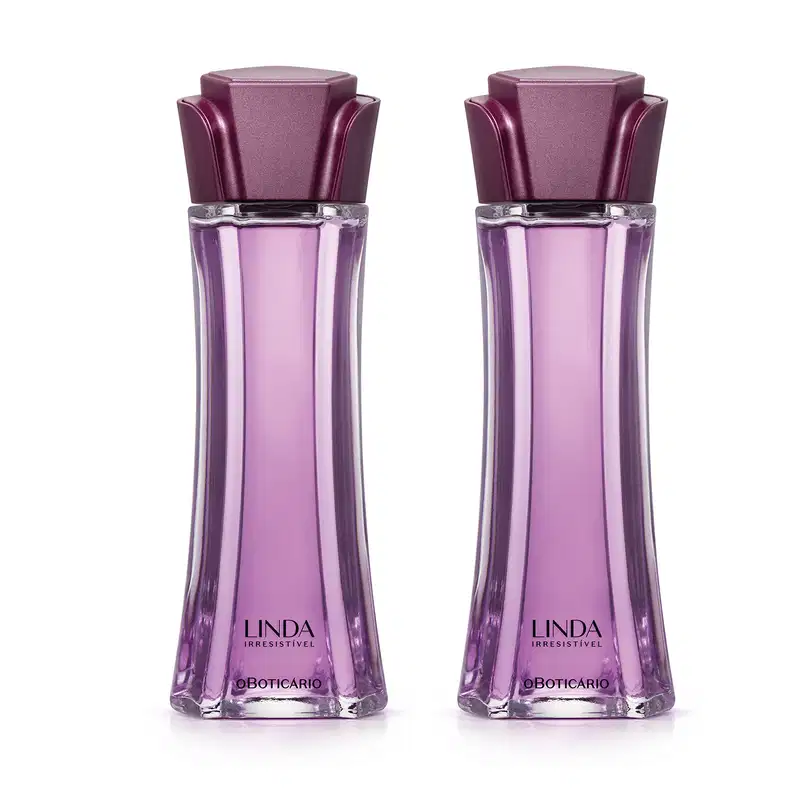Imagem de dois frascos de desodorante colônia Linda Irresistível, em embalagem de vidro roxa com tampa alguns tons mais escuro em formato de flor e rótulo em letras pretas. Cada recipiente traz 100ml da fragrância.