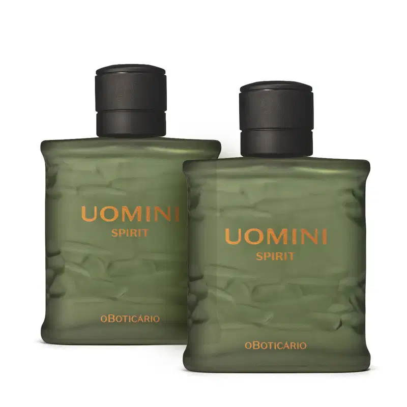Imagem de dois itens de perfumaria da marca Uomini Spirit em embalagem cinza com texturas e tampa preta.  Cada vidro contém 100ml da fragrância.