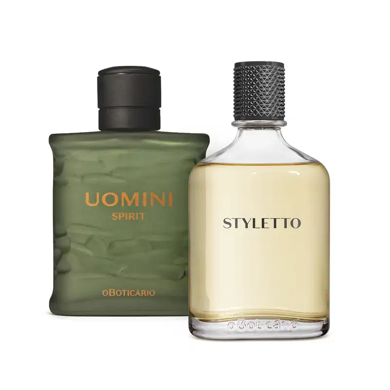 Imagem de dois itens de perfumaria masculina O Boticário: um vidro verde com rótulo dourado Uomini Spirit e outro vidro transparente com rótulo preto do Styletto, ambos com tampas pretas e texturas diferentes.
