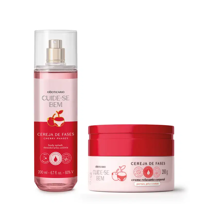 Imagem de dois itens que fazem parte do Combo Cuide-se Bem Cereja De Fases, sendo um body splash em embalagem transparente, válvula spray e líquido rosa, e um creme relaxante corporal em pote rosa claro com rótulo rosa escuro com cereja ilustrativa.