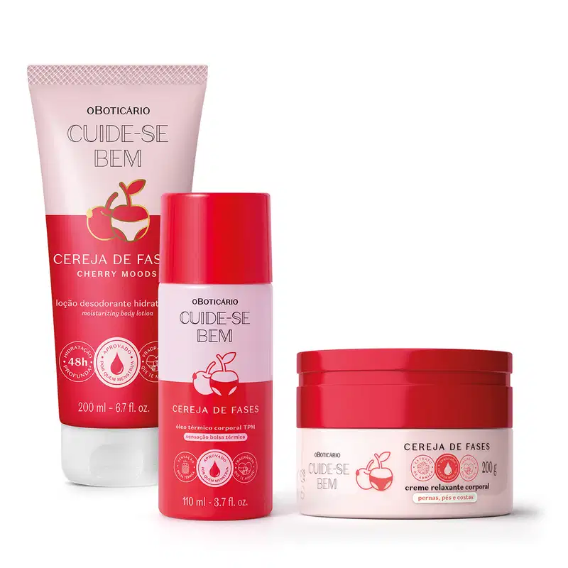 Imagem do Combo Cuide-se Bem Cereja De Fases que conta com um creme relaxante corporal, um óleo térmico corporal e uma loção corporal de 200ml. As embalagens trazem tonalidades diferentes de rosa e uma linda cereja ilustrando o rótulo. 
