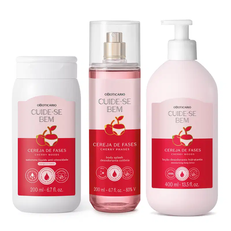 Imagem do Combo Cuide-se Bem Cereja De Fases que traz um sabonete líquido, uma loção corporal de 400ml e um body splash. As embalagens são delicadas, em vários tons de rosa e têm uma linda cereja ilustrando o rótulo.