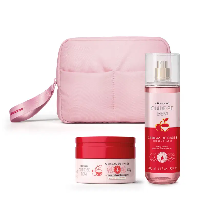 Imagem de um kit contendo três produtos da linha Cuide-se Bem Cereja De Fases, sendo um body splash em embalagem transparente, conteúdo rosa e válvula spray, um creme relaxante corporal em pote rosa claro e escuro e uma nécessaire rosa. Lindo e delicado.