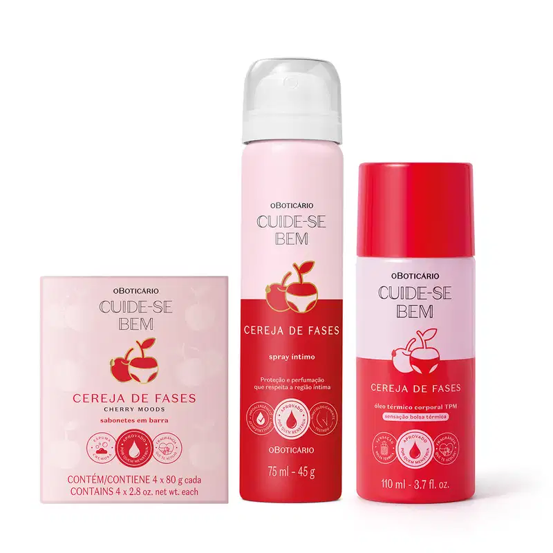 Imagem de um kit com três produtos da linha Cuide-se Bem Cereja De Fases, que conta com quatro Sabonetes em barra, spray íntimo desodorante e óleo térmico corporal. As embalagens são delicadas e femininas, em tons de rosa com cereja ilustrando.