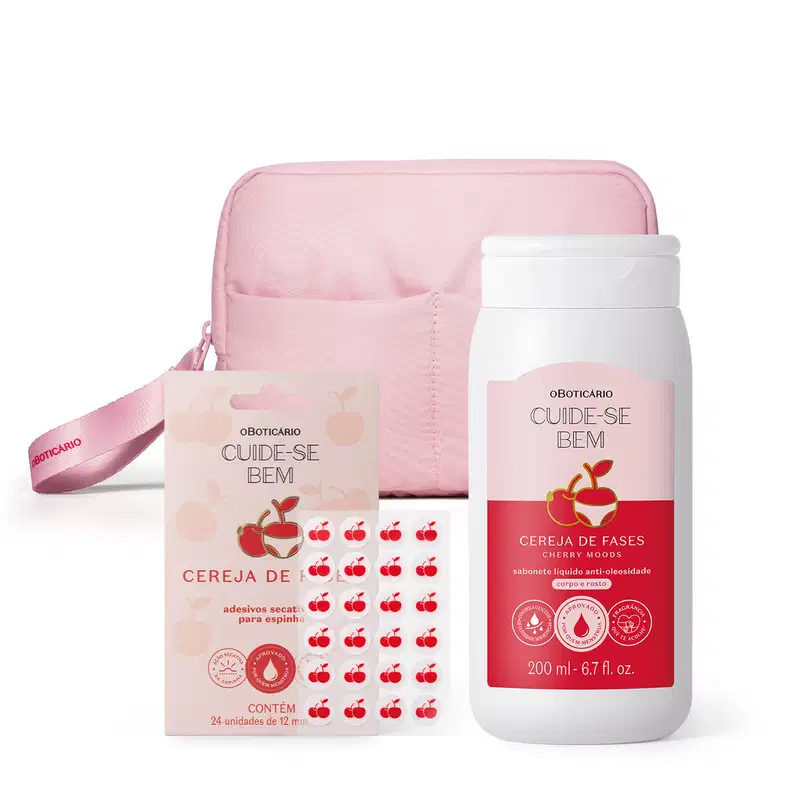 Imagem do Combo Cuide-se Bem Cereja De Fases com um sabonete líquido em embalagem rosa, uma cartela de adesivos secativos para espinhas em formato de cerejas e uma necessaire rosa com puxador. 