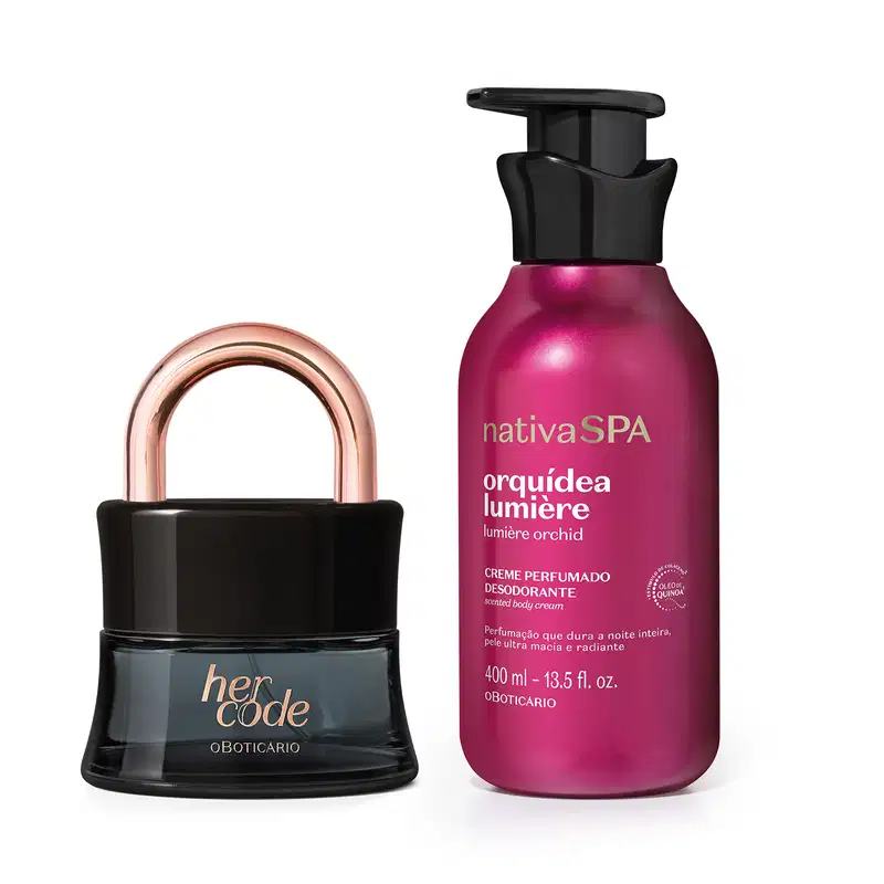 Imagem de frasco preto da fragrância Her Code, com letras e detalhe dourados e Creme Perfumado Nativa Spa Orquídea Lumiére, com seu frasco roxo, tampa preta e letras douradas e brancas. Um kit destinado para mulheres intensas.