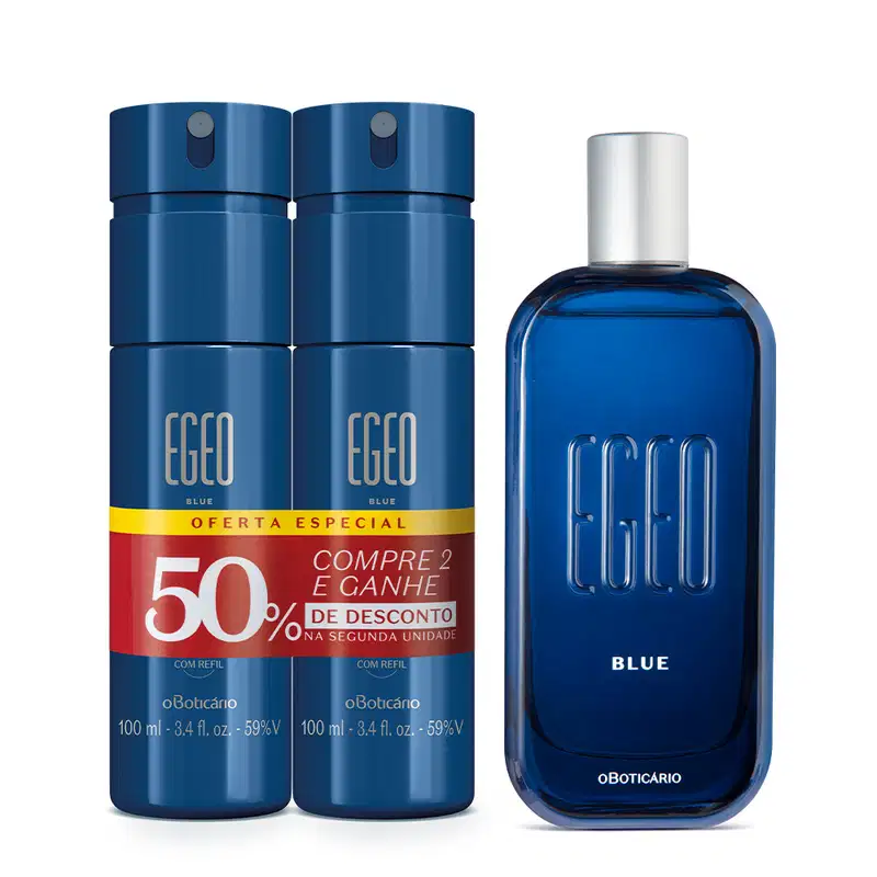 Imagem de três produtos da linha Egeo Blue: dois frascos de body spray na cor azul e letras douradas e um vidro de desodorante colônia, também azul com cantos arredondados, tampa prateada e nome da fragrância em relevo.