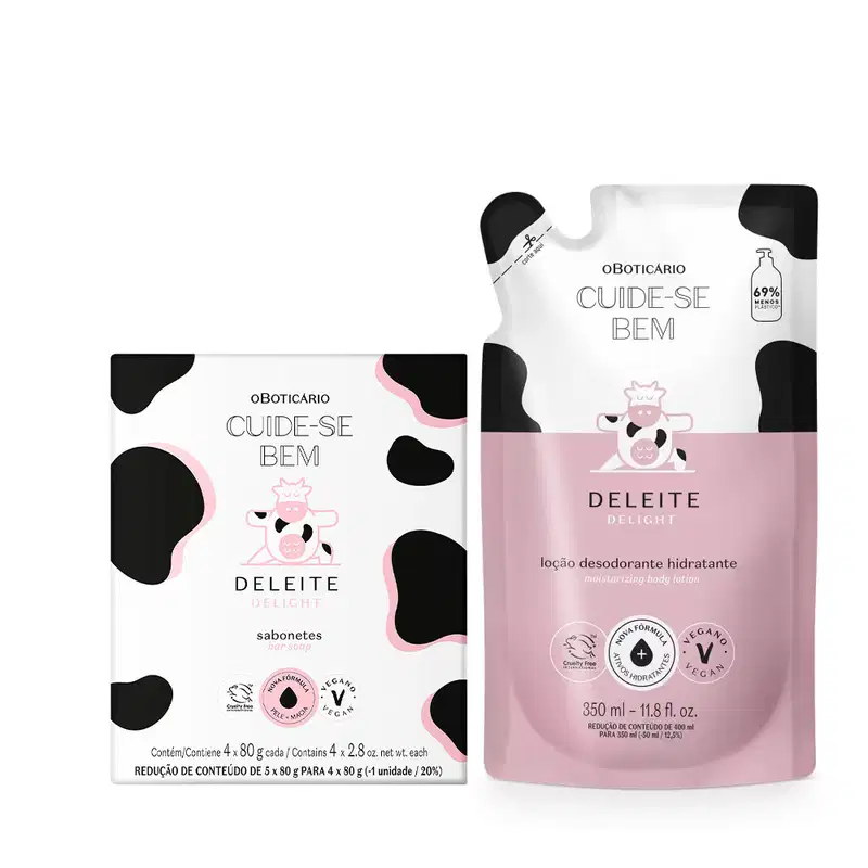 Imagem de dois produtos da linha Cuide-se Bem Deleite: caixa com quatro sabonetes em barra e sachê refil da loção hidratante corporal contendo 350ml e detalhes em rosa. Ambas embalagens são na cor branca e preta e trazem ilustração de vaca.