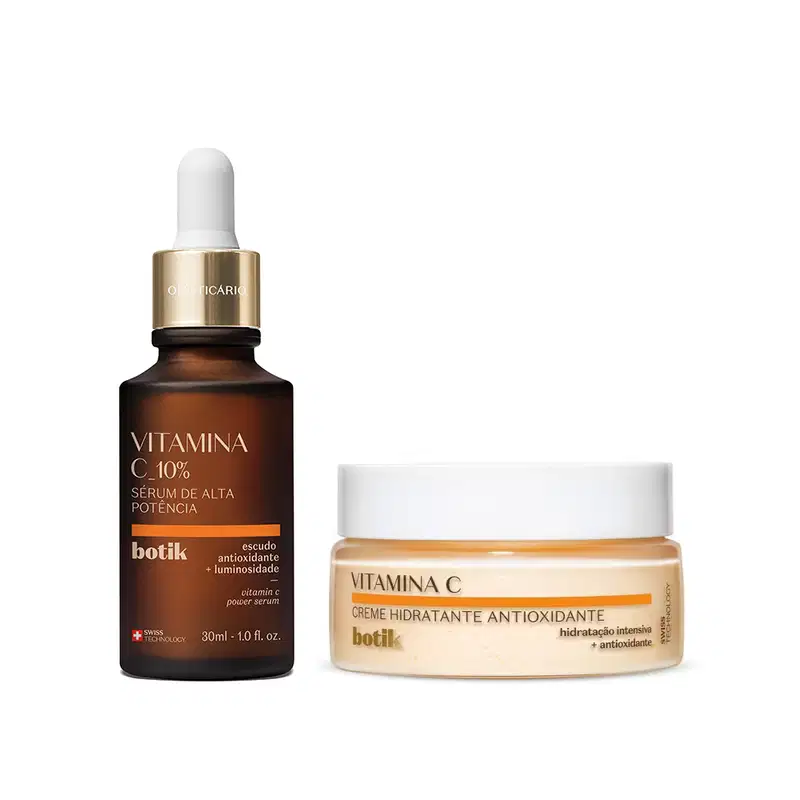Imagem de dois produtos de cuidados para a pele da marca Botik Vitamina C: um sérum em frasco de vidro marrom com conta-gotas dourado, e um creme hidratante antioxidante em pote branco com rótulo em tons de laranja.