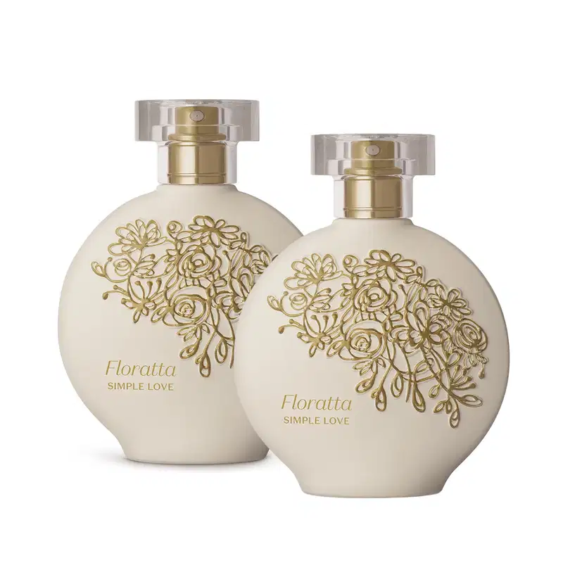 Imagem de dois frascos de item de perfumaria da marca Floratta, com embalagem arredondada em tom branco e detalhes florais dourados, exibindo o texto "Simple Love" no rótulo.