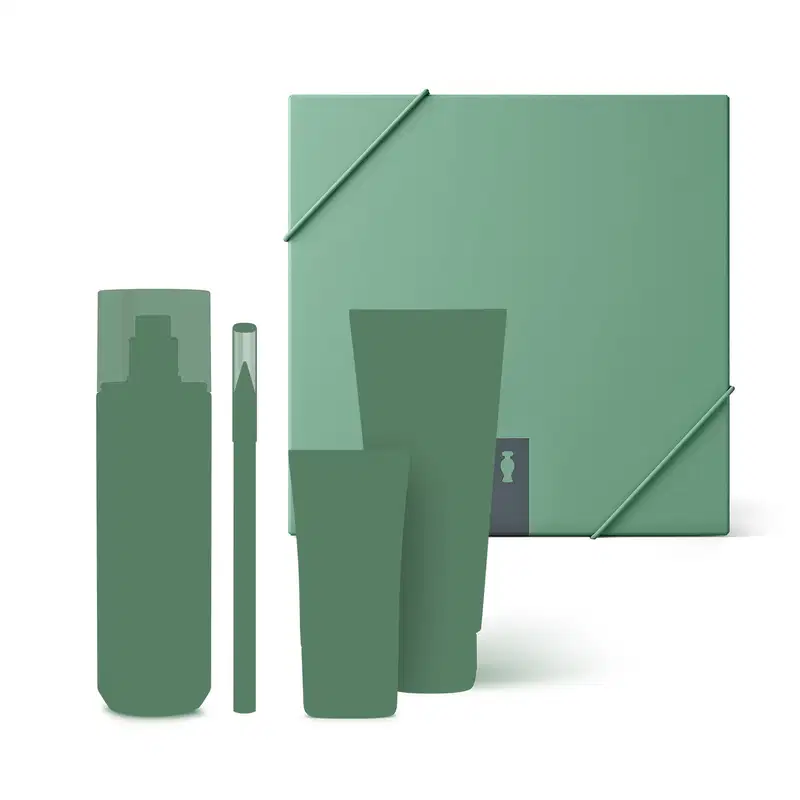 Imagem de caixa verde com elástico e a silhueta de alguns itens o Boticário, ocultando as marcas e sugerindo um kit de presente surpresa.