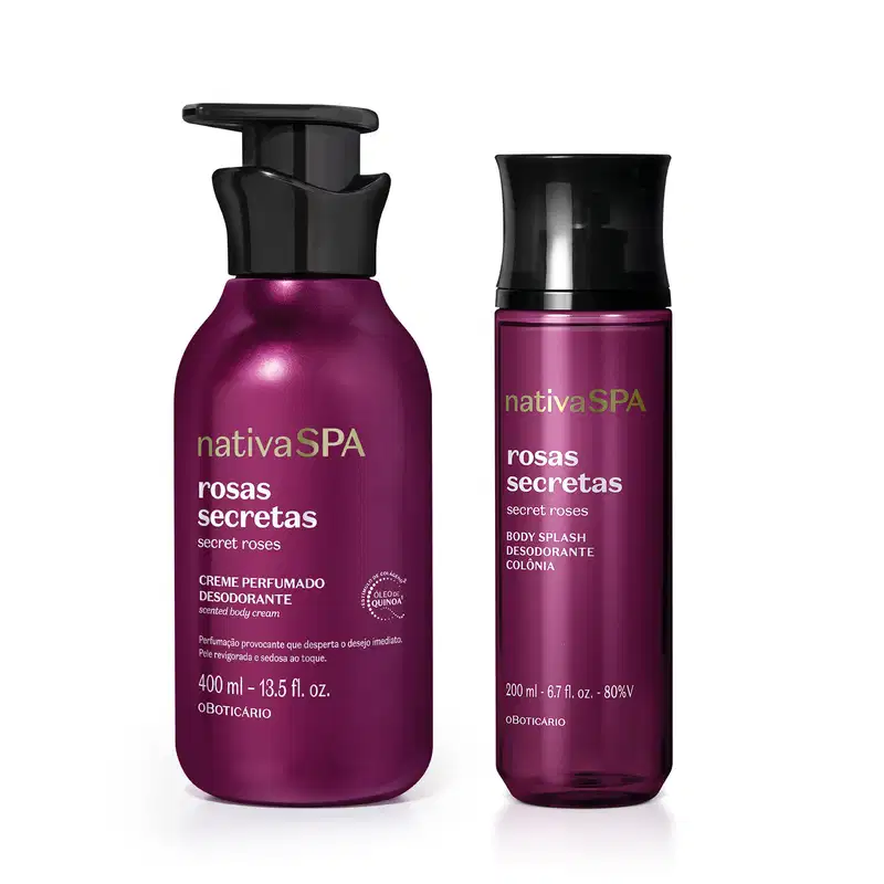 A imagem mostra dois produtos da marca Nativa SPA Rosas Secretas, sendo um frasco de 400ml de creme corporal e um frasco de 200ml de body splash. Elas são roxas, têm tampas pretas e as informações do rótulo estão impressas em letras brancas e douradas.