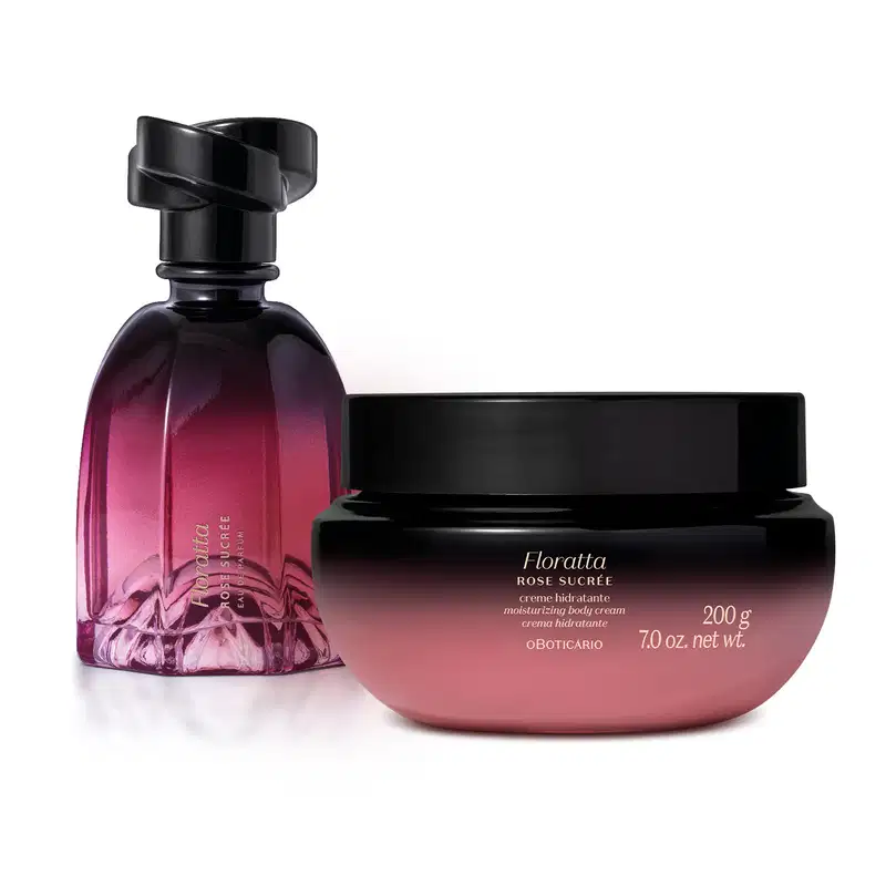 A imagem mostra dois produtos da linha Floratta Rose Sucrée, sendo um vidro de 75ml do Eau de Parfum e um pote de 200g de creme corporal. As embalagens possuem um degradê que vai do preto para o roxo, tampas pretas e rótulo em letras brancas.
