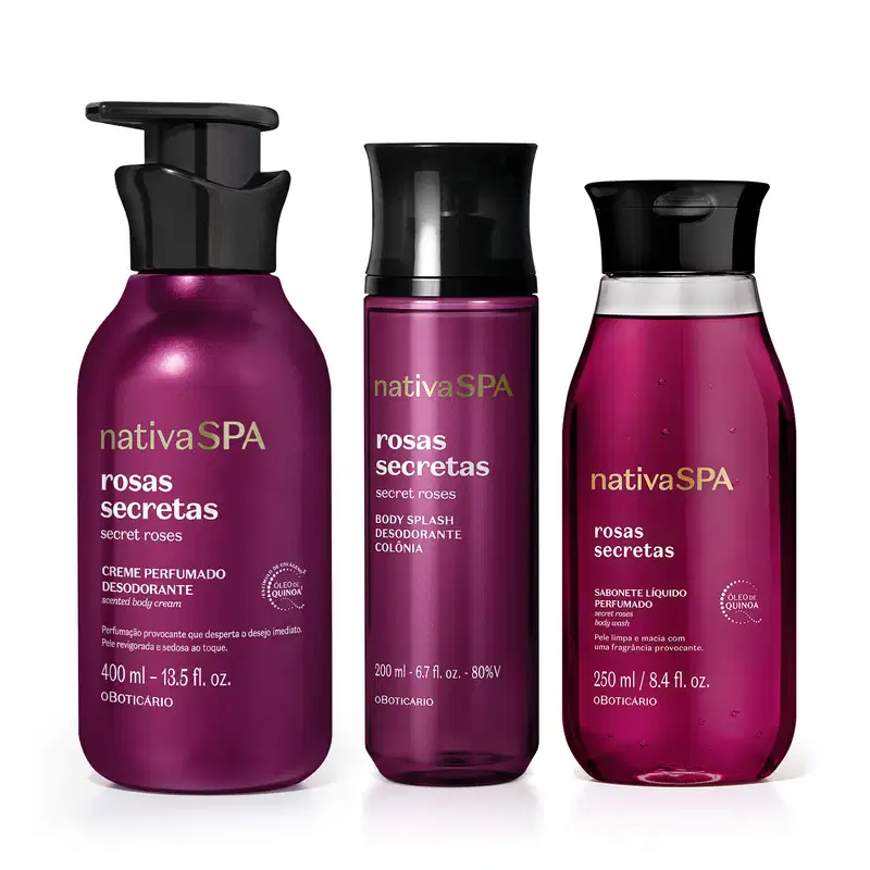 A imagem mostra três produtos da marca Nativa SPA Rosas Secretas, sendo creme corporal, body splash e sabonete líquido. As embalagens são cilíndricas de diferentes espessuras. Todas elas são roxas com tampas preta e rótulos com letras brancas e douradas.