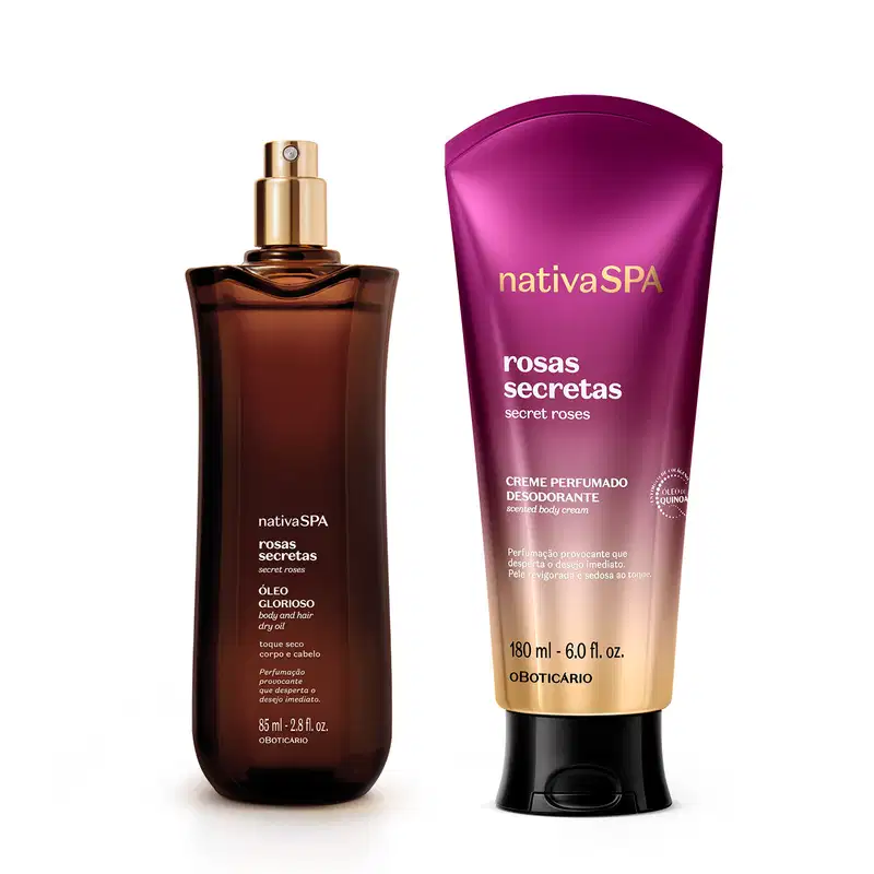 A imagem mostra dois produtos da marca Nativa SPA Rosas Secretas, sendo um vidro roxo de óleo multifuncional com borrifador e letras douradas e uma bisnaga em degradê do roxo para o branco e tampa preta com letras brancas, pretas e douradas.