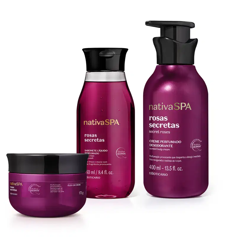 A imagem mostra um kit de produtos Nativa SPA Rosas Secretas, incluindo frasco de sabonete líquido,  frasco de creme desodorante e pote de óleo em creme, todos na cor roxa com tampa preta e rótulo em dourado e branco.