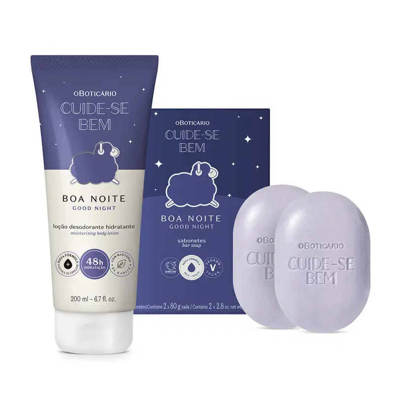 A imagem mostra dois produtos da linha Cuide-se Bem Boa Noite:  dois sabonetes na cor azul claro e sua embalagem em tons de azul mais forte com informações em branco, e uma bisnaga de loção hidratante em azul e branco, com letras pretas e azuis. 