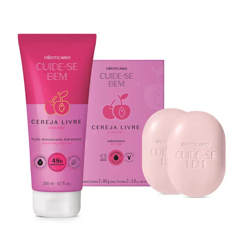 Conjunto de produtos de corpo e banho da marca Cuide-se Bem Cereja Livre, incluindo bisnaga de loção corporal bicolor de rosa claro e rosa escuro com tampa branca, dois sabonetes em barra rosa claro e sua caixa rosa ao lado deles.