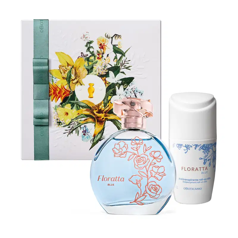 KIt contendo caixa de preente com ilustração floral, um vidro de desodorante colônia Floratta Blue com flores douradas, borrifador dourado e tampa transparente, e um  desodorante roll-on da mesma marca em frasco branco e letras azuis e título dourado.