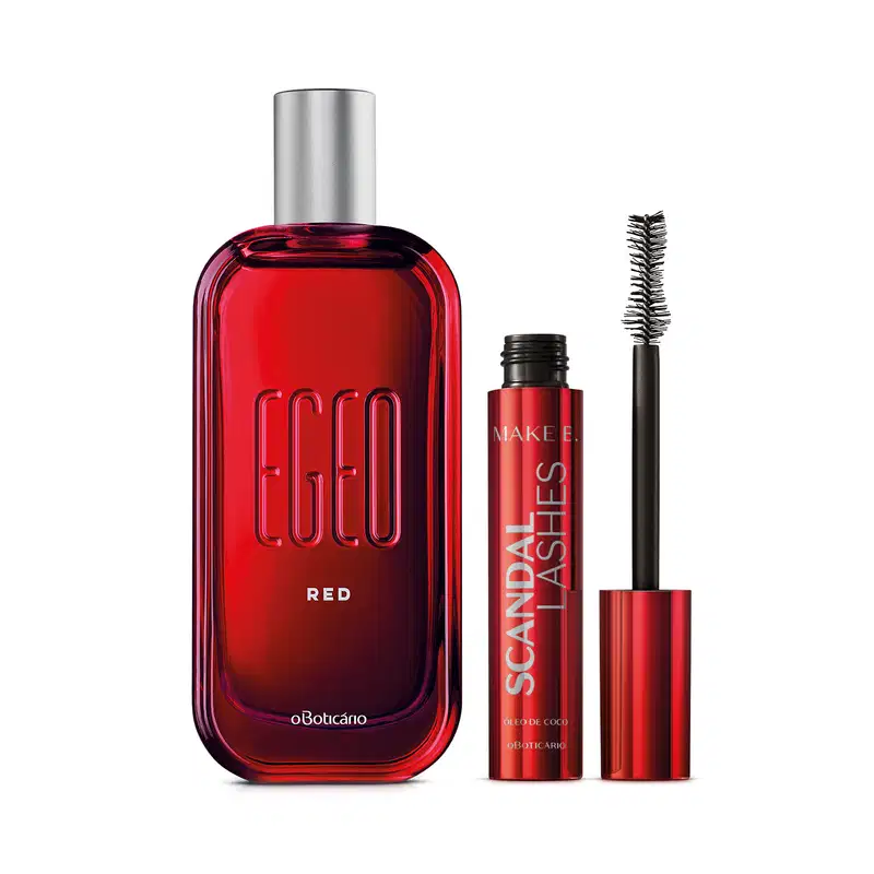 Combo contendo um frasco de desodorante colônia arredondado na cor vermelha com logo EGEO em alto relevo e RED impresso em branco com tampa prateada. Ao lado, tubo vermelho de máscara de cílios da linha Make B. Scandal Lashes.