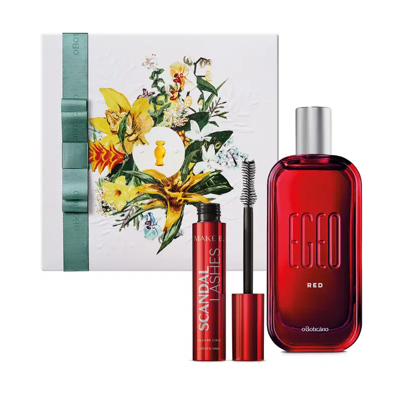 Combo presenteável contendo um frasco de desodorante colônia arredondado na cor vermelha com logo EGEO em alto relevo e RED impresso em branco. Ao lado, tubo vermelho de máscara de cílios da linha Make B. Scandal Lashes acompanhados de caixa de presente.